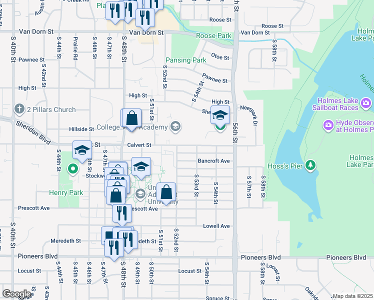 map of restaurants, bars, coffee shops, grocery stores, and more near 5247 Bancroft Avenue in Lincoln