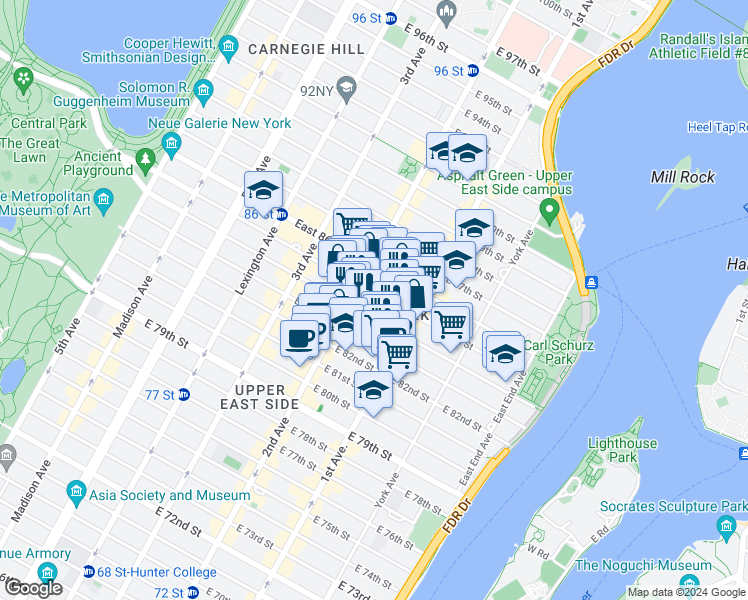 map of restaurants, bars, coffee shops, grocery stores, and more near 312 East 85th Street in New York