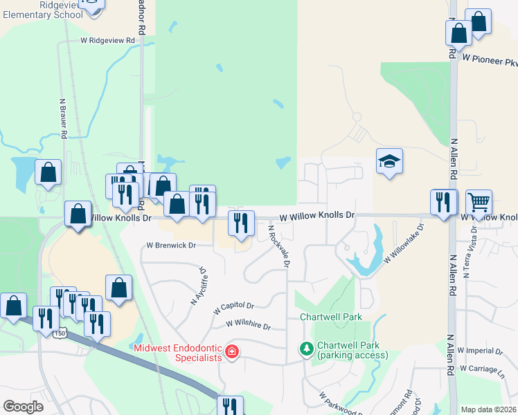 map of restaurants, bars, coffee shops, grocery stores, and more near 3215 West Willow Knolls Drive in Peoria
