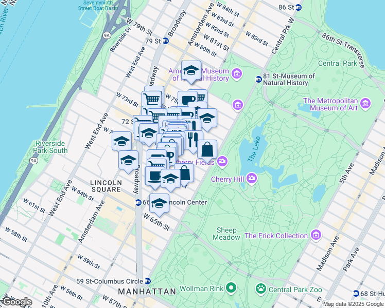 map of restaurants, bars, coffee shops, grocery stores, and more near 32 West 72nd Street in New York