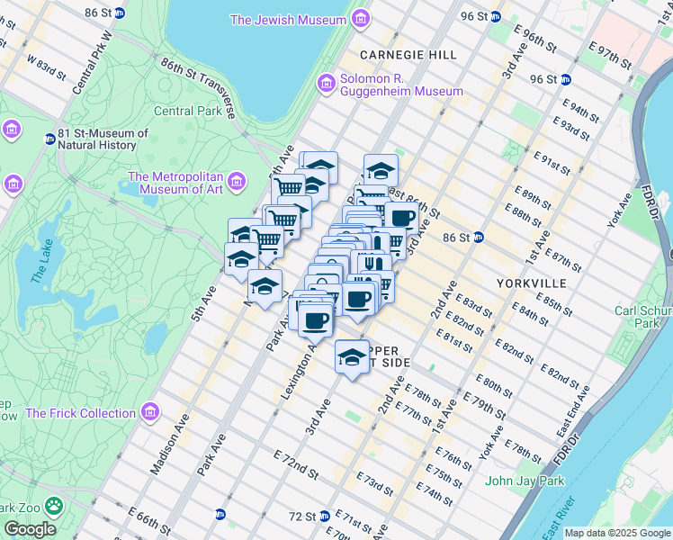 map of restaurants, bars, coffee shops, grocery stores, and more near 115 East 81st Street in New York