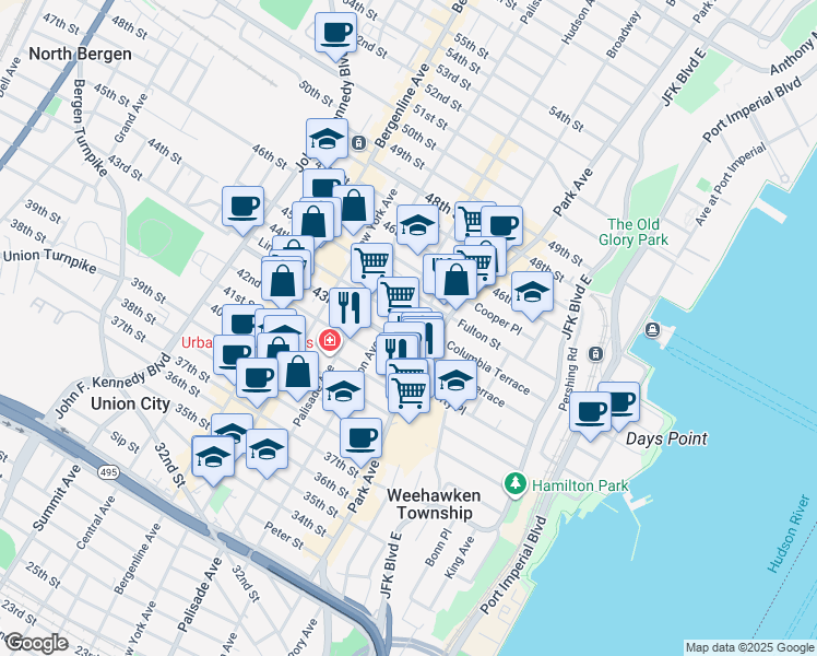 map of restaurants, bars, coffee shops, grocery stores, and more near 123 44th Street in Union City