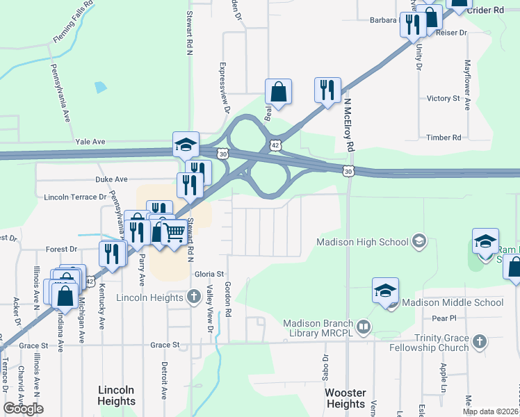 map of restaurants, bars, coffee shops, grocery stores, and more near 1221 Evergreen Avenue West in Mansfield