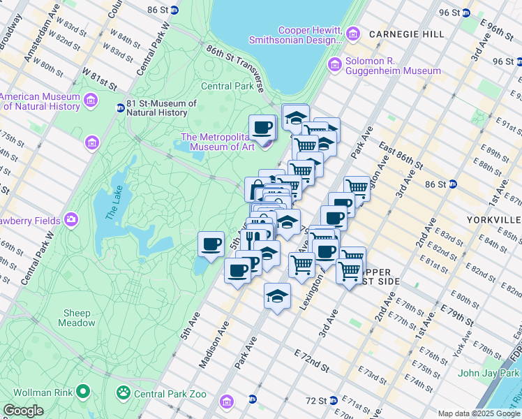 map of restaurants, bars, coffee shops, grocery stores, and more near 2 East 79th Street in New York