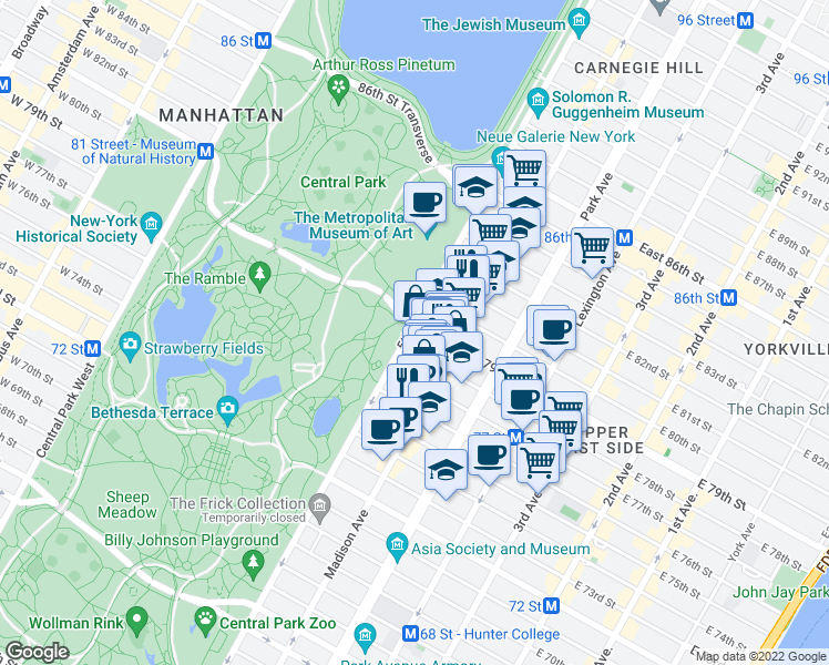 map of restaurants, bars, coffee shops, grocery stores, and more near 975 5th Avenue in New York