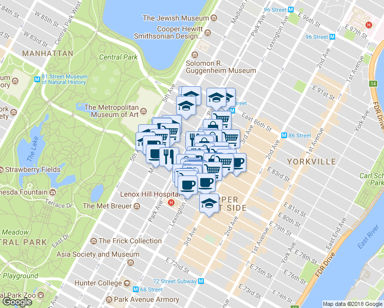 map of restaurants, bars, coffee shops, grocery stores, and more near 102 East 81st Street in New York