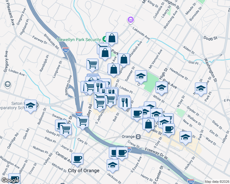 map of restaurants, bars, coffee shops, grocery stores, and more near 22 North Jefferson Street in City of Orange