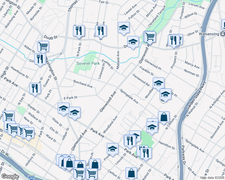 map of restaurants, bars, coffee shops, grocery stores, and more near 188 Glenwood Avenue in East Orange
