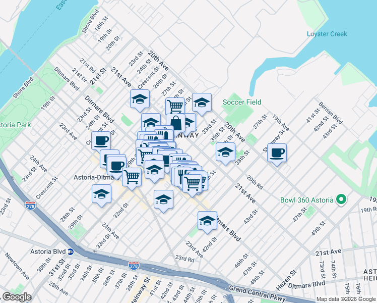 map of restaurants, bars, coffee shops, grocery stores, and more near 21-38 35th Street in Queens
