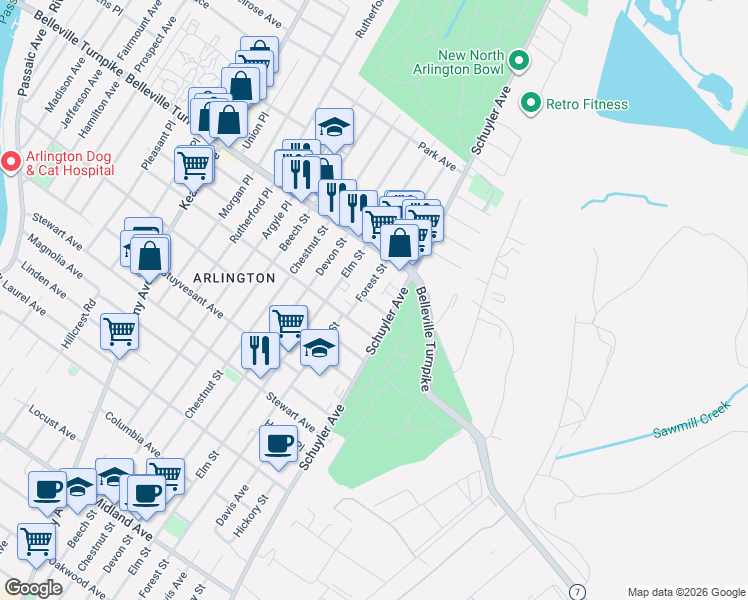 map of restaurants, bars, coffee shops, grocery stores, and more near 853 Schuyler Avenue in Kearny