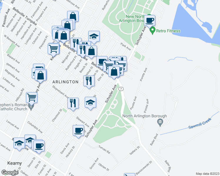 map of restaurants, bars, coffee shops, grocery stores, and more near 877 Schuyler Avenue in Kearny