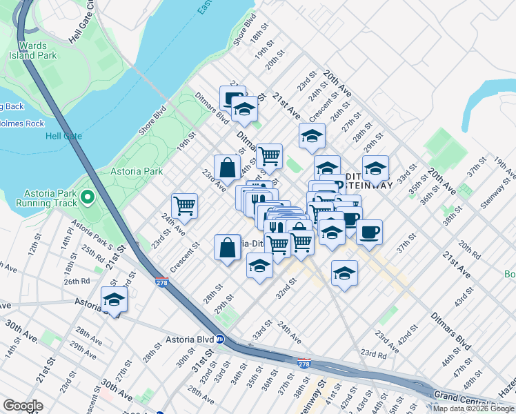 map of restaurants, bars, coffee shops, grocery stores, and more near 2620 23rd Avenue in Queens