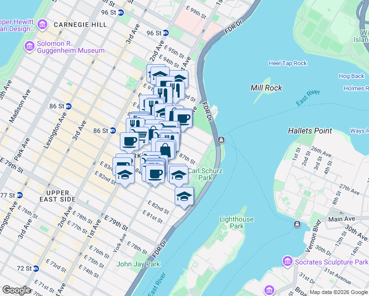 map of restaurants, bars, coffee shops, grocery stores, and more near 512 East 88th Street in New York
