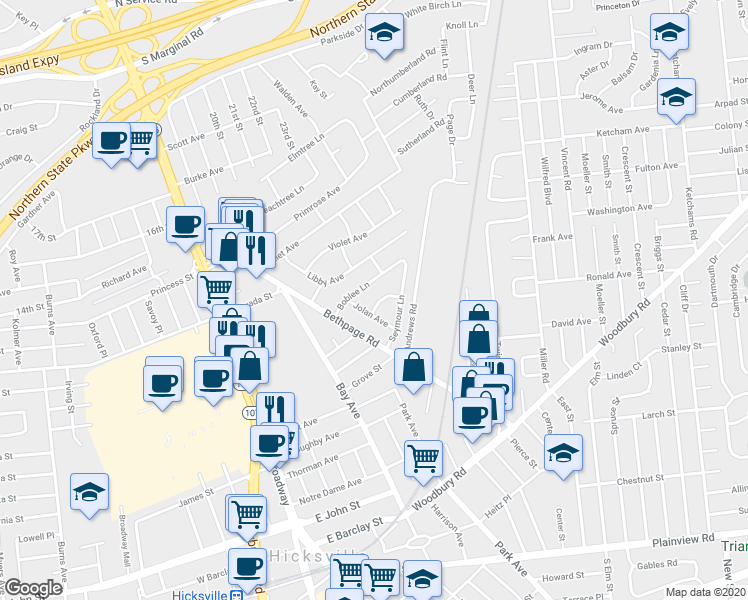 map of restaurants, bars, coffee shops, grocery stores, and more near 3 Layton Avenue in Hicksville