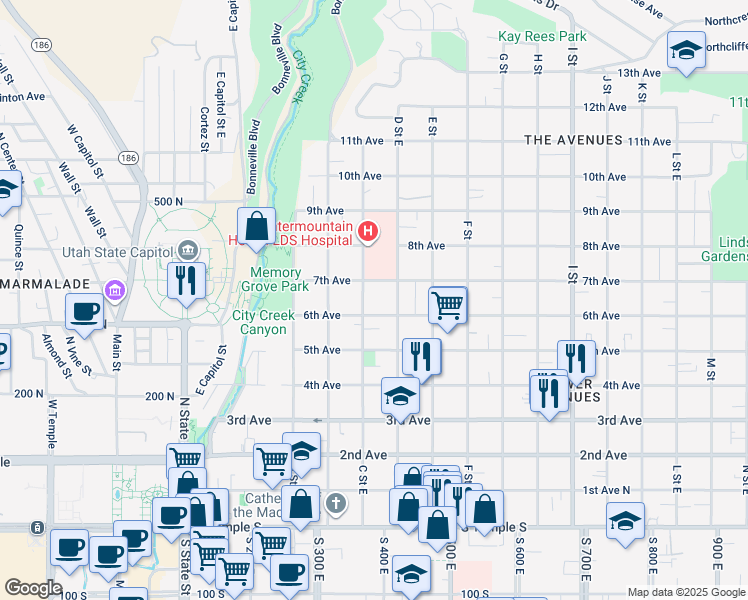map of restaurants, bars, coffee shops, grocery stores, and more near 318 C Street in Salt Lake City