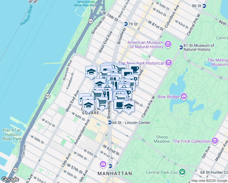 map of restaurants, bars, coffee shops, grocery stores, and more near 154 West 70th Street in New York