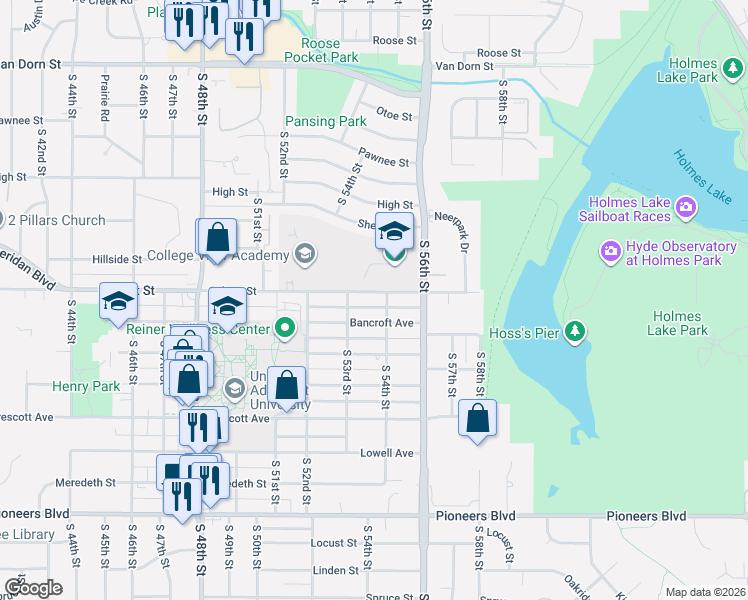 map of restaurants, bars, coffee shops, grocery stores, and more near 5345 Calvert Street in Lincoln