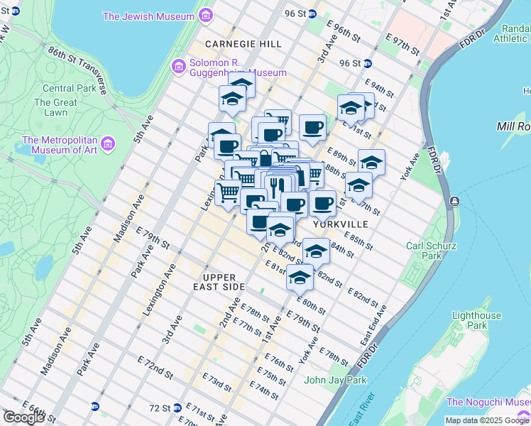 map of restaurants, bars, coffee shops, grocery stores, and more near 229 East 85th Street in New York