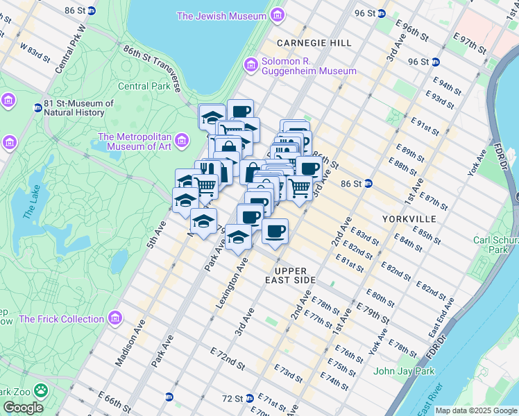 map of restaurants, bars, coffee shops, grocery stores, and more near 115 East 81st Street in New York