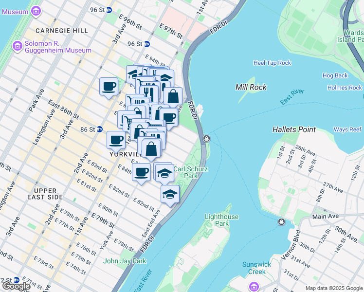 map of restaurants, bars, coffee shops, grocery stores, and more near 525 East 89th Street in New York