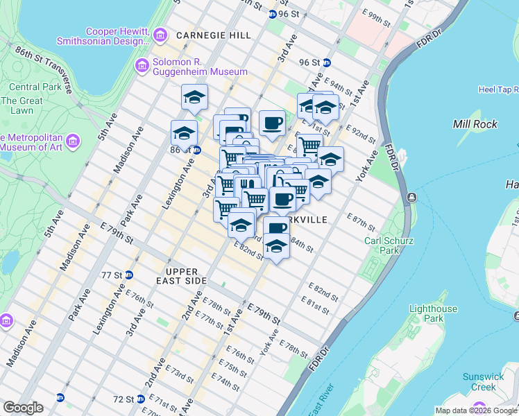 map of restaurants, bars, coffee shops, grocery stores, and more near 310 East 85th Street in New York