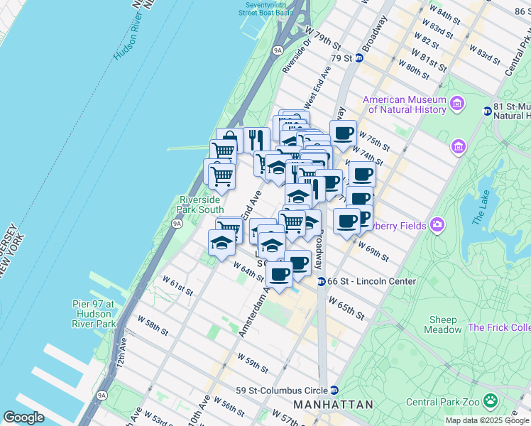 map of restaurants, bars, coffee shops, grocery stores, and more near 160 West End Avenue in New York