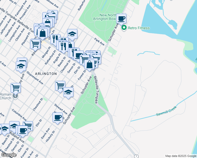 map of restaurants, bars, coffee shops, grocery stores, and more near 440 Belleville Turnpike in North Arlington