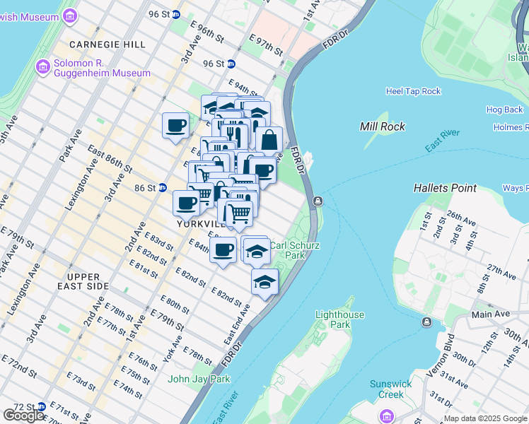 map of restaurants, bars, coffee shops, grocery stores, and more near 510 East 88th Street in New York
