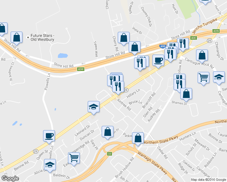 map of restaurants, bars, coffee shops, grocery stores, and more near 4 Jericho Turnpike in Westbury