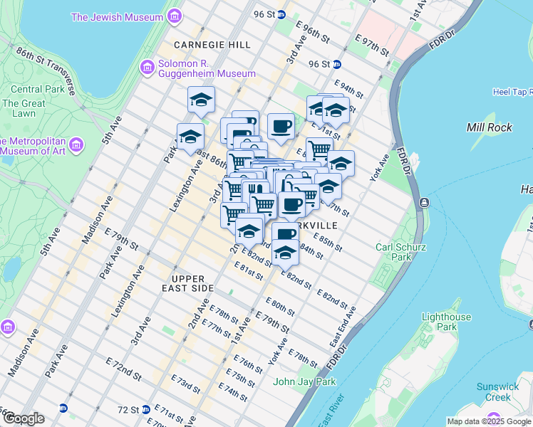 map of restaurants, bars, coffee shops, grocery stores, and more near 308 East 85th Street in New York