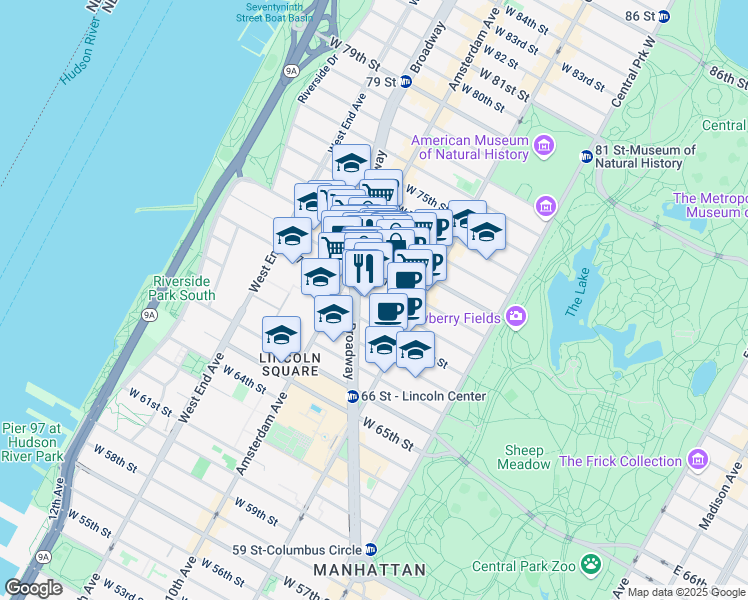 map of restaurants, bars, coffee shops, grocery stores, and more near 143 West 70th Street in New York