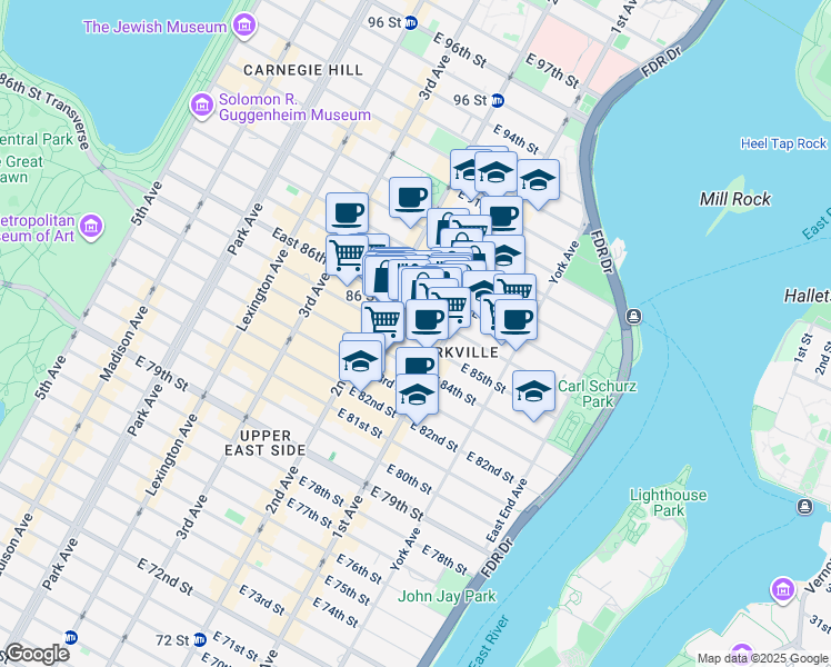 map of restaurants, bars, coffee shops, grocery stores, and more near 337 East 85th Street in New York