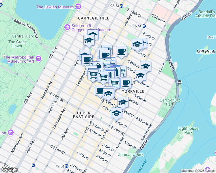 map of restaurants, bars, coffee shops, grocery stores, and more near 1619 2nd Avenue in New York