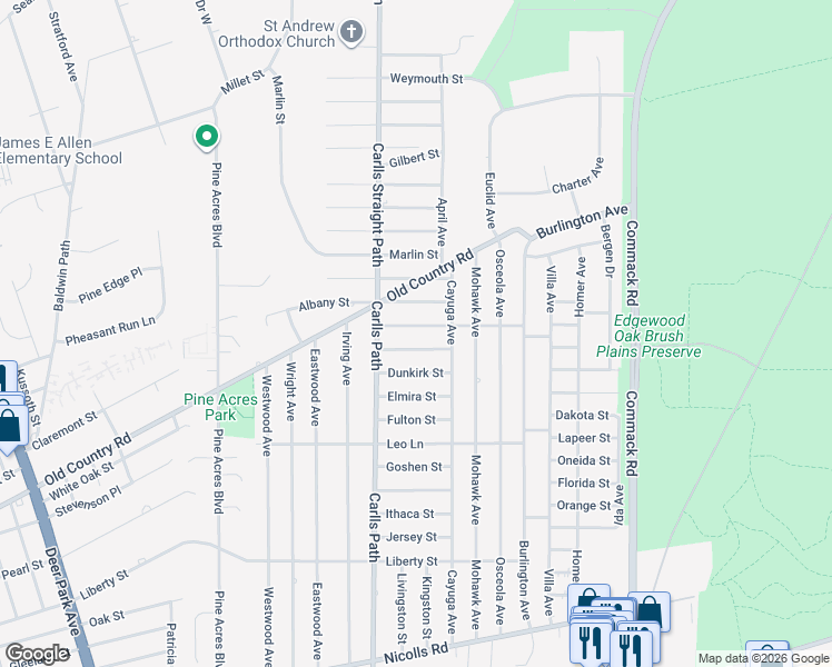 map of restaurants, bars, coffee shops, grocery stores, and more near 32 Albany Street in Deer Park