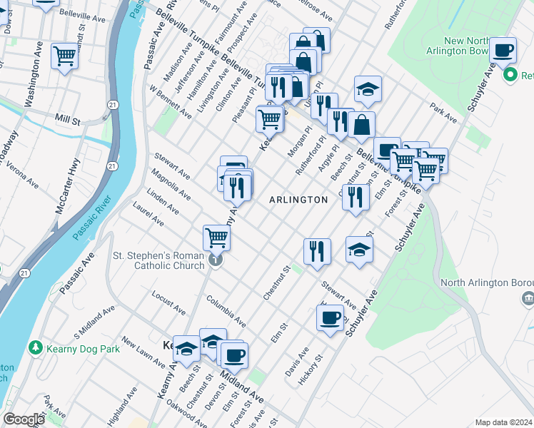 map of restaurants, bars, coffee shops, grocery stores, and more near 82 Stuyvesant Avenue in Kearny