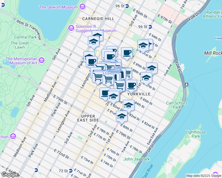 map of restaurants, bars, coffee shops, grocery stores, and more near 244 East 84th Street in New York