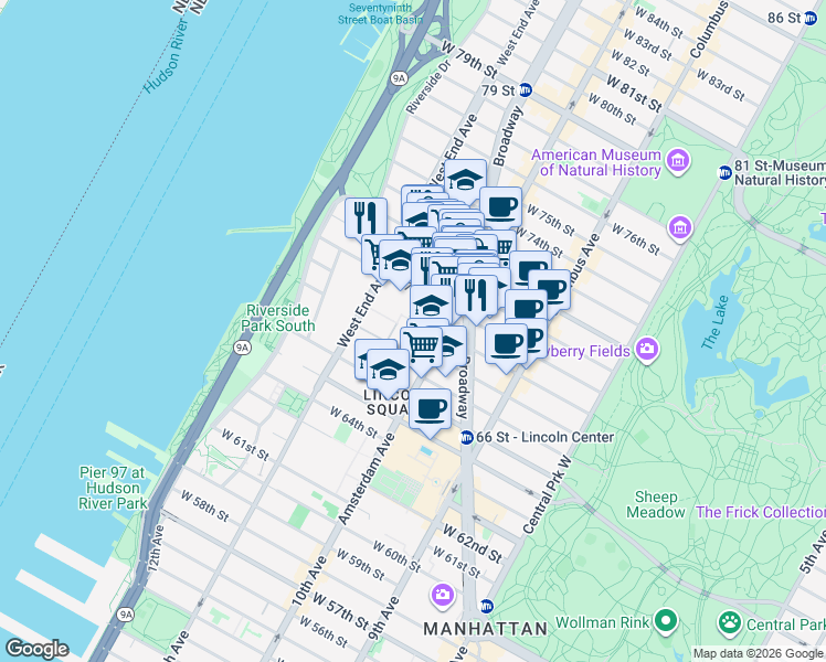 map of restaurants, bars, coffee shops, grocery stores, and more near 170 West End Avenue in New York