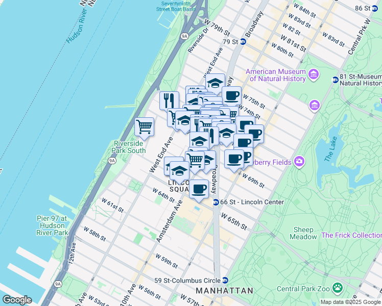 map of restaurants, bars, coffee shops, grocery stores, and more near 22484 West 70th Street in New York