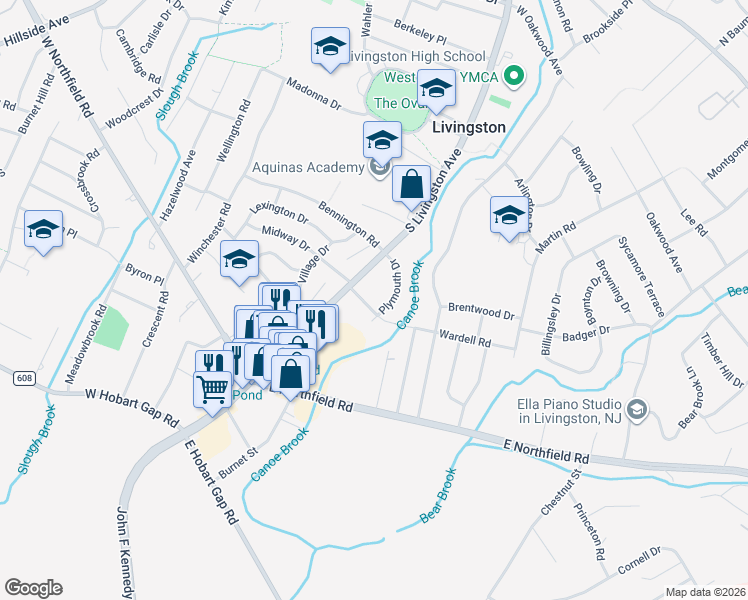 map of restaurants, bars, coffee shops, grocery stores, and more near 433 South Livingston Avenue in Livingston