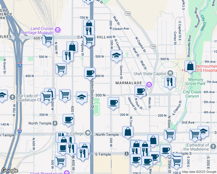 map of restaurants, bars, coffee shops, grocery stores, and more near 333 North 200 West in Salt Lake City