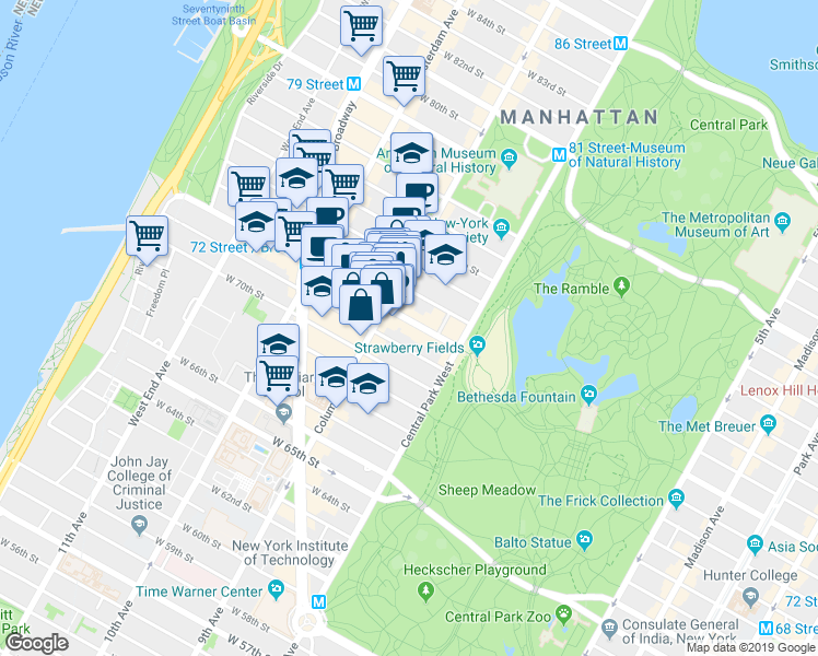 map of restaurants, bars, coffee shops, grocery stores, and more near 40 West 72nd Street in New York