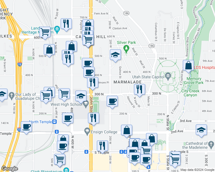 map of restaurants, bars, coffee shops, grocery stores, and more near 333 North 200 West in Salt Lake City