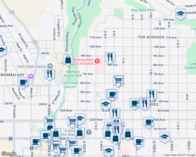map of restaurants, bars, coffee shops, grocery stores, and more near 340 C Street East in Salt Lake City