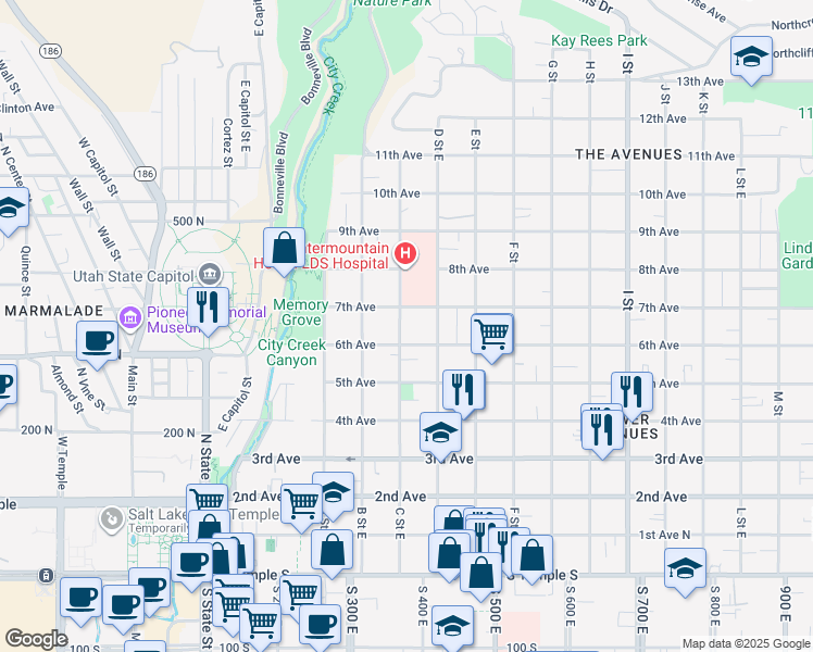 map of restaurants, bars, coffee shops, grocery stores, and more near 340 C Street East in Salt Lake City