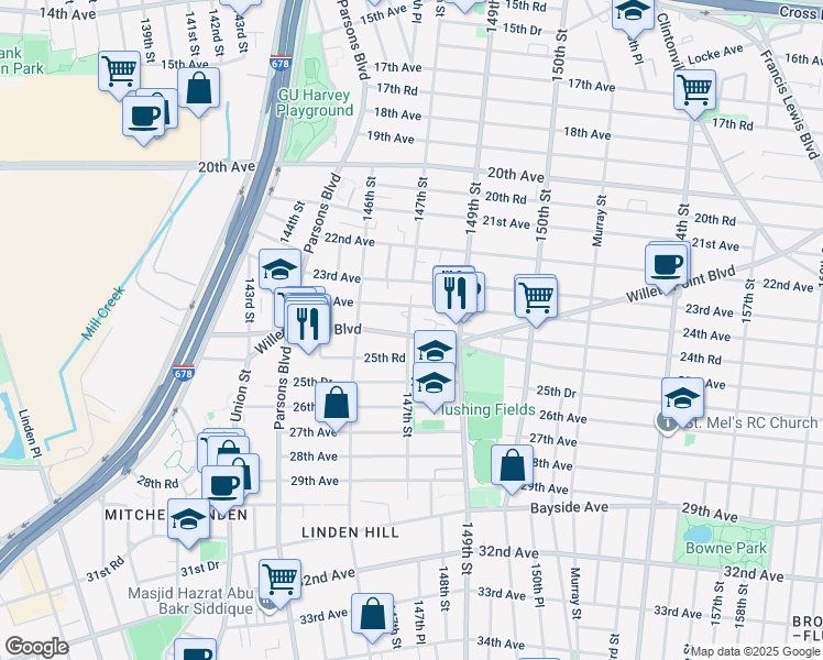 map of restaurants, bars, coffee shops, grocery stores, and more near 24-1 147th Street in Queens