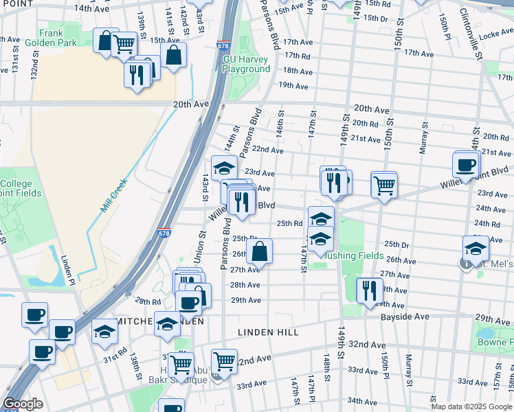 map of restaurants, bars, coffee shops, grocery stores, and more near 145-36 24th Avenue in Queens