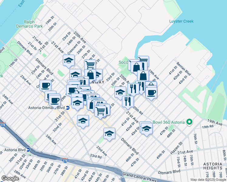map of restaurants, bars, coffee shops, grocery stores, and more near 20-28 36th Street in Queens