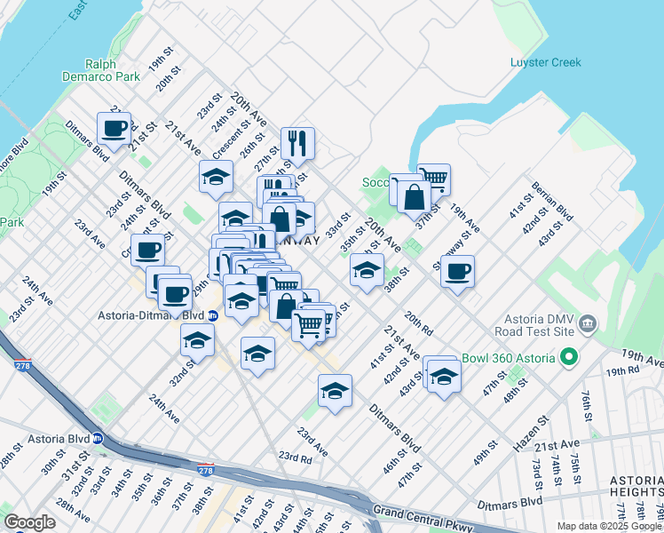 map of restaurants, bars, coffee shops, grocery stores, and more near 2063 33rd Street in Queens