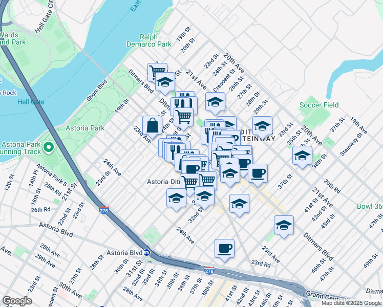 map of restaurants, bars, coffee shops, grocery stores, and more near 22-37 27th Street in Queens