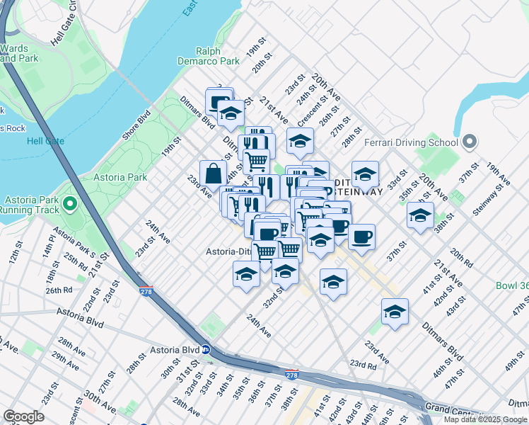 map of restaurants, bars, coffee shops, grocery stores, and more near 22-37 27th Street in Queens